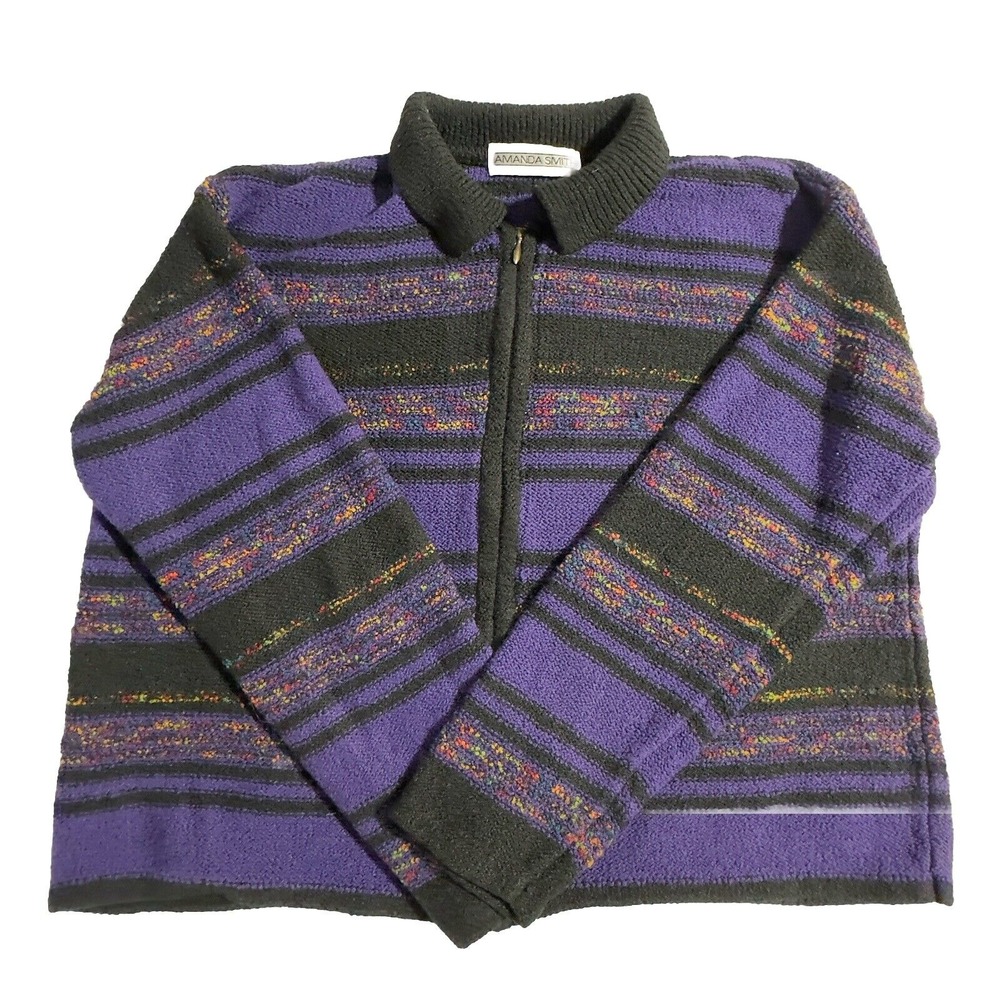 Amanda Smith Women M Full Zipper Knit Sweater Purple Multi Colored Stripes - Picture 1 of 10